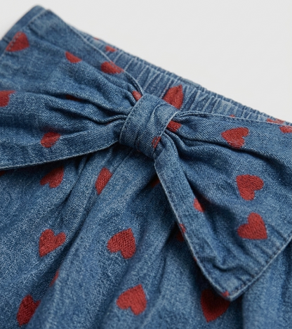 Denim Heart-Print Bow Detail Skirt