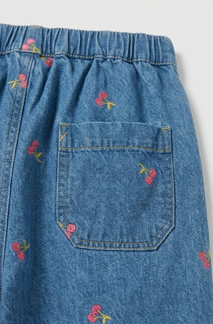 Cherry-Embroidered Pull-On Trousers