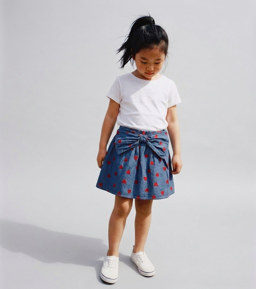 Denim Heart-Print Bow Detail Skirt