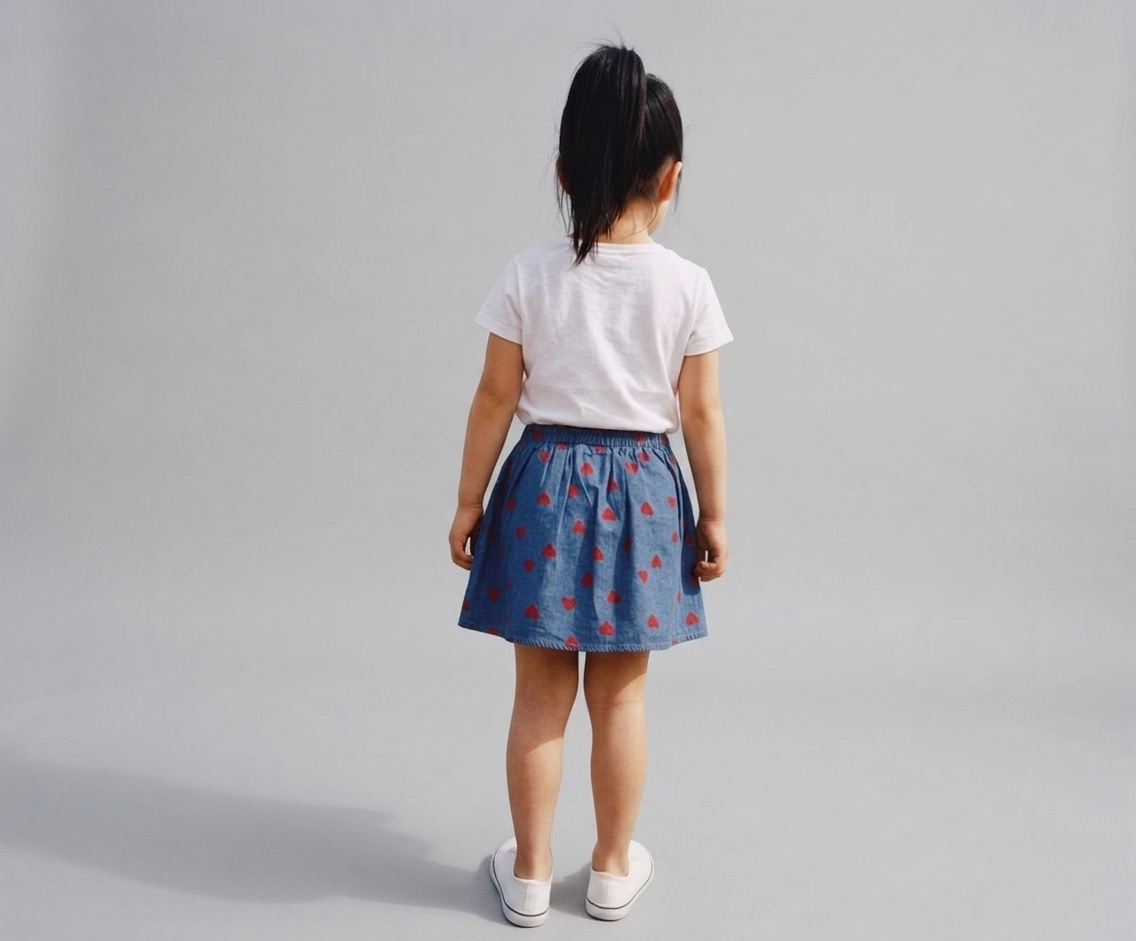 Denim Heart-Print Bow Detail Skirt