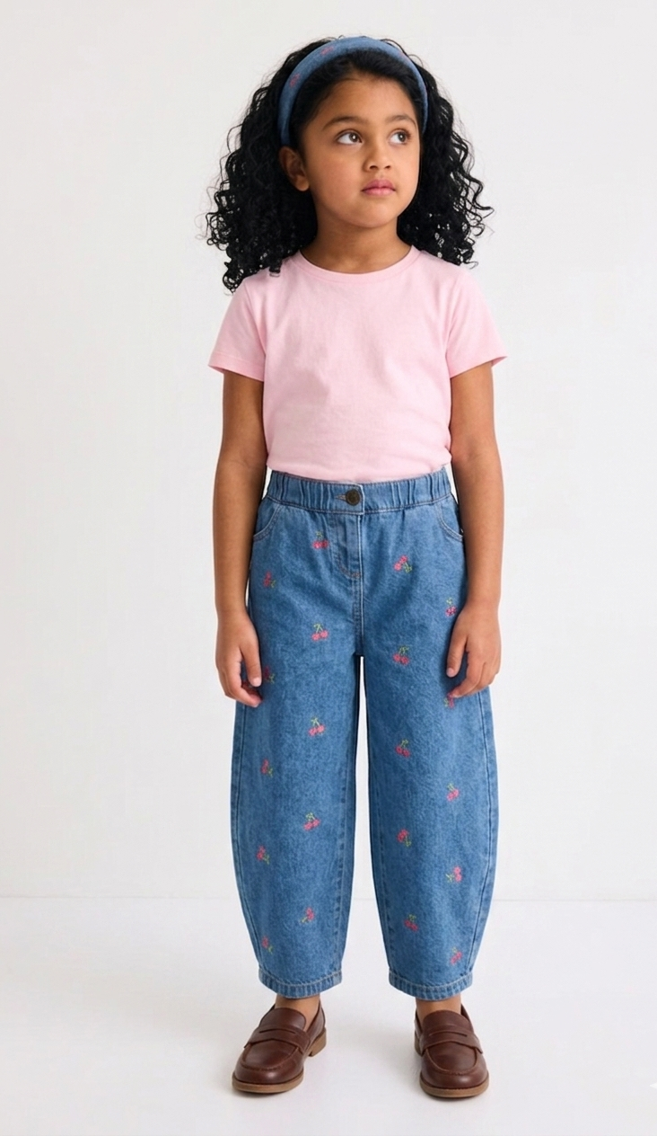 Cherry-Embroidered Pull-On Trousers