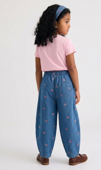 Cherry-Embroidered Pull-On Trousers