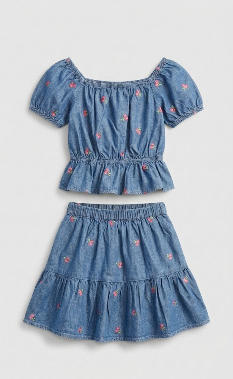 Denim Cherry Embroidered Top & Tiered Skirt Set