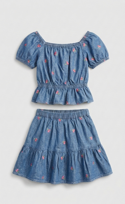 Denim Cherry Embroidered Top & Tiered Skirt Set