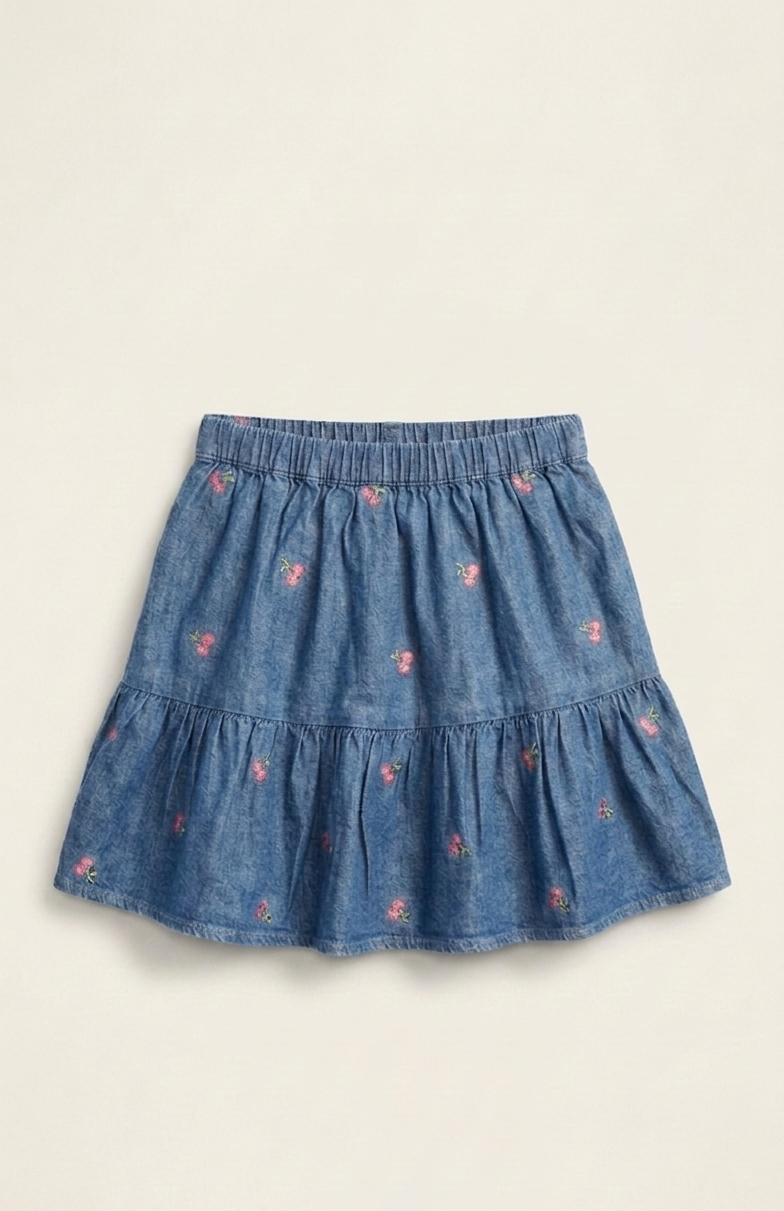 Denim Cherry Embroidered Top & Tiered Skirt Set