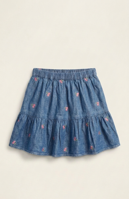Denim Cherry Embroidered Top & Tiered Skirt Set