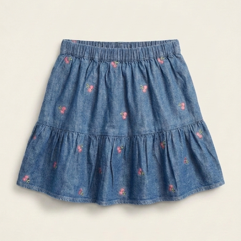 Girls' Premium Embroidered Chambray Skirt – Tiered Denim Ruffle Skirt