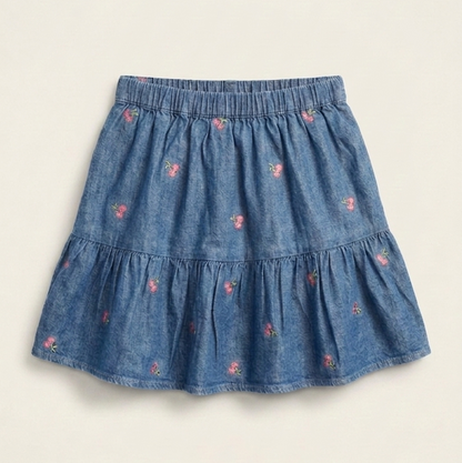 Girls' Premium Embroidered Chambray Skirt – Tiered Denim Ruffle Skirt