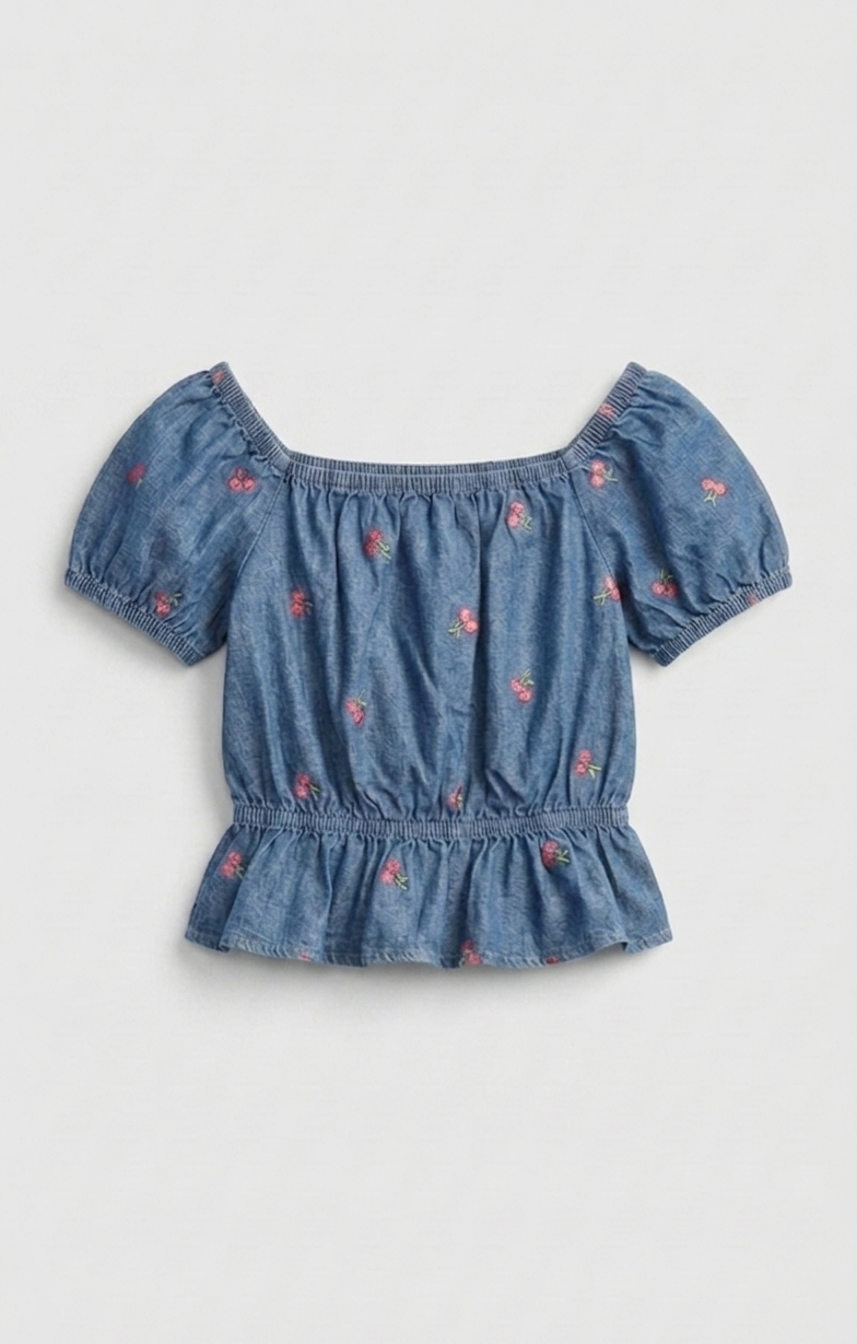 Denim Cherry Embroidered Top & Tiered Skirt Set