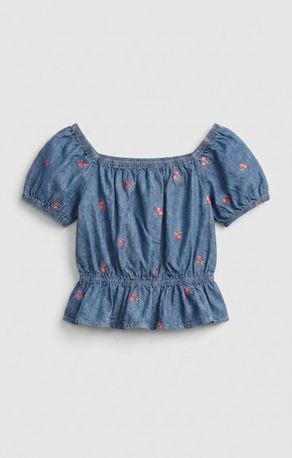 Denim Cherry Embroidered Top & Tiered Skirt Set
