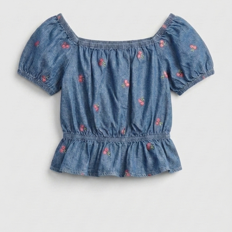 Girls’ Premium Embroidered Denim Peplum Top – Smocked Puff Sleeve
