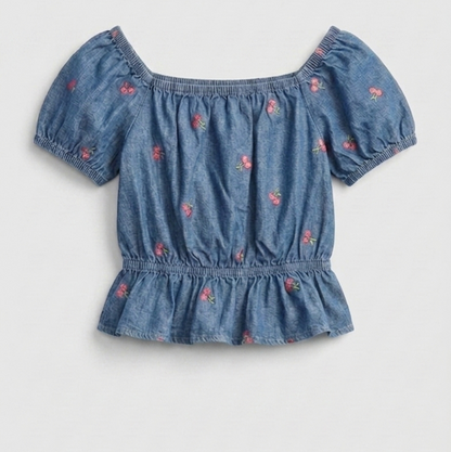 Girls’ Premium Embroidered Denim Peplum Top – Smocked Puff Sleeve