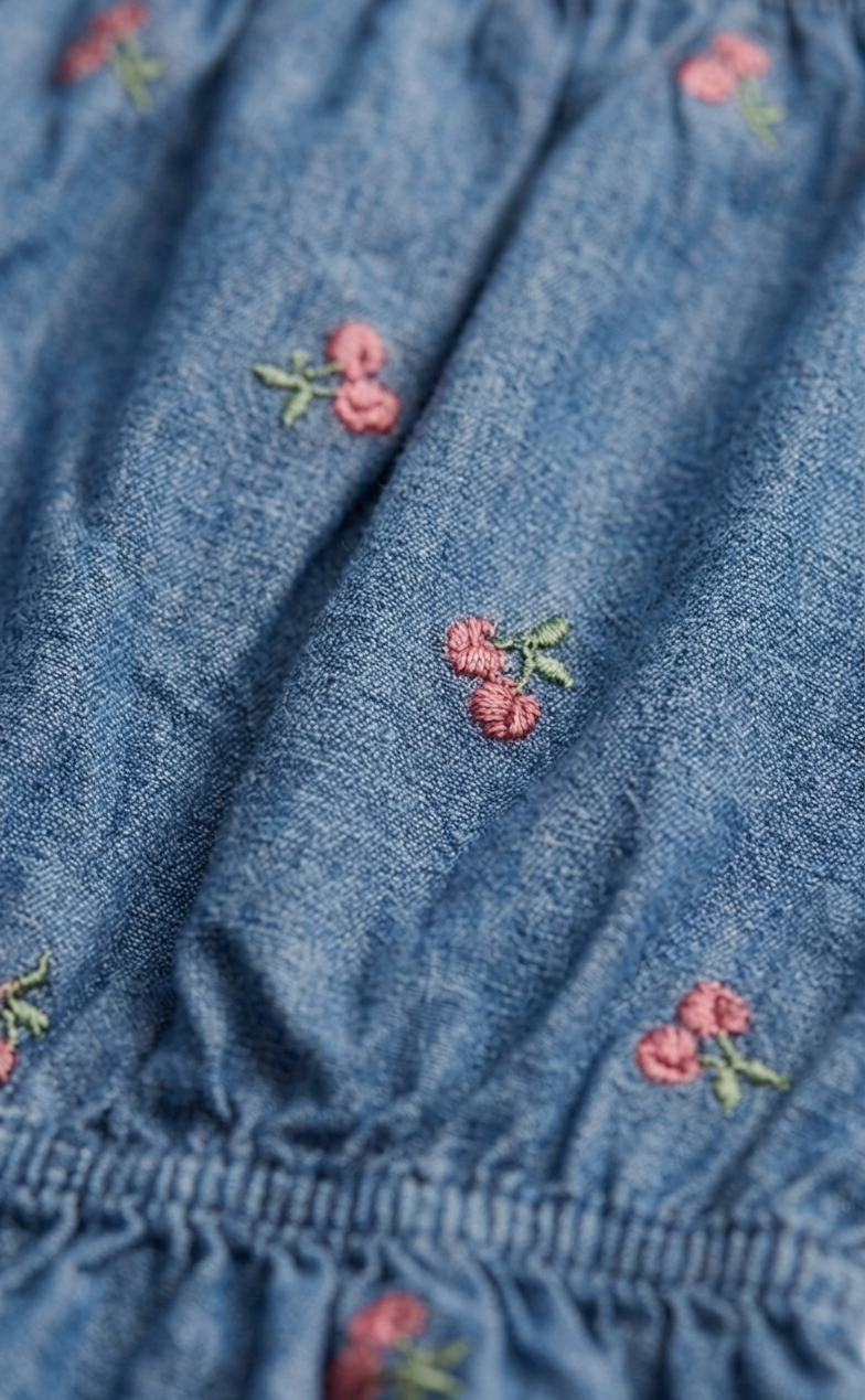 Denim Cherry Embroidered Top & Tiered Skirt Set