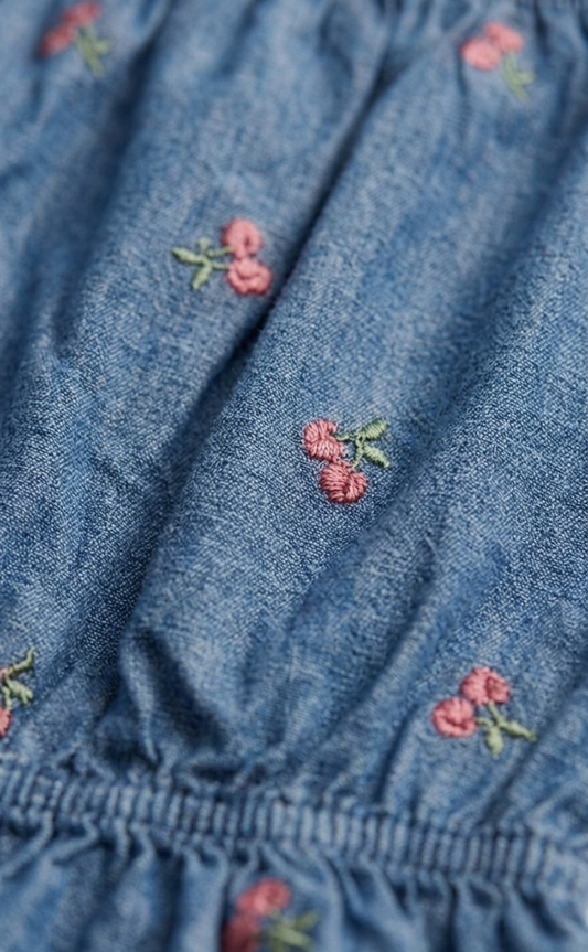 Denim Cherry Embroidered Top & Tiered Skirt Set