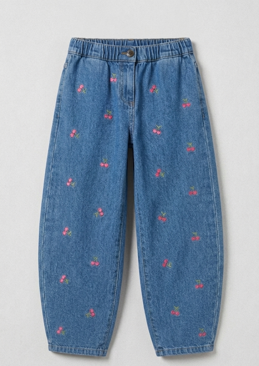 Cherry-Embroidered Pull-On Trousers