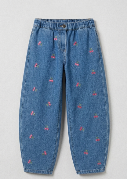 Cherry-Embroidered Pull-On Trousers