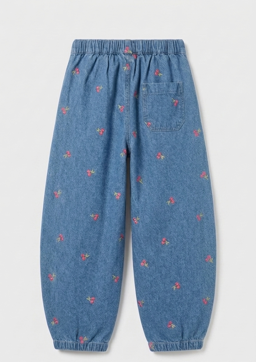 Cherry-Embroidered Pull-On Trousers