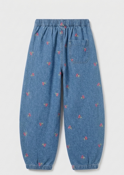 Cherry-Embroidered Pull-On Trousers