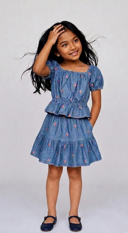 Denim Cherry Embroidered Top & Tiered Skirt Set