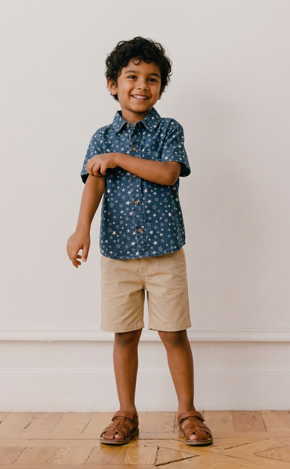 Star-Patterned Denim Button-Down Shirt