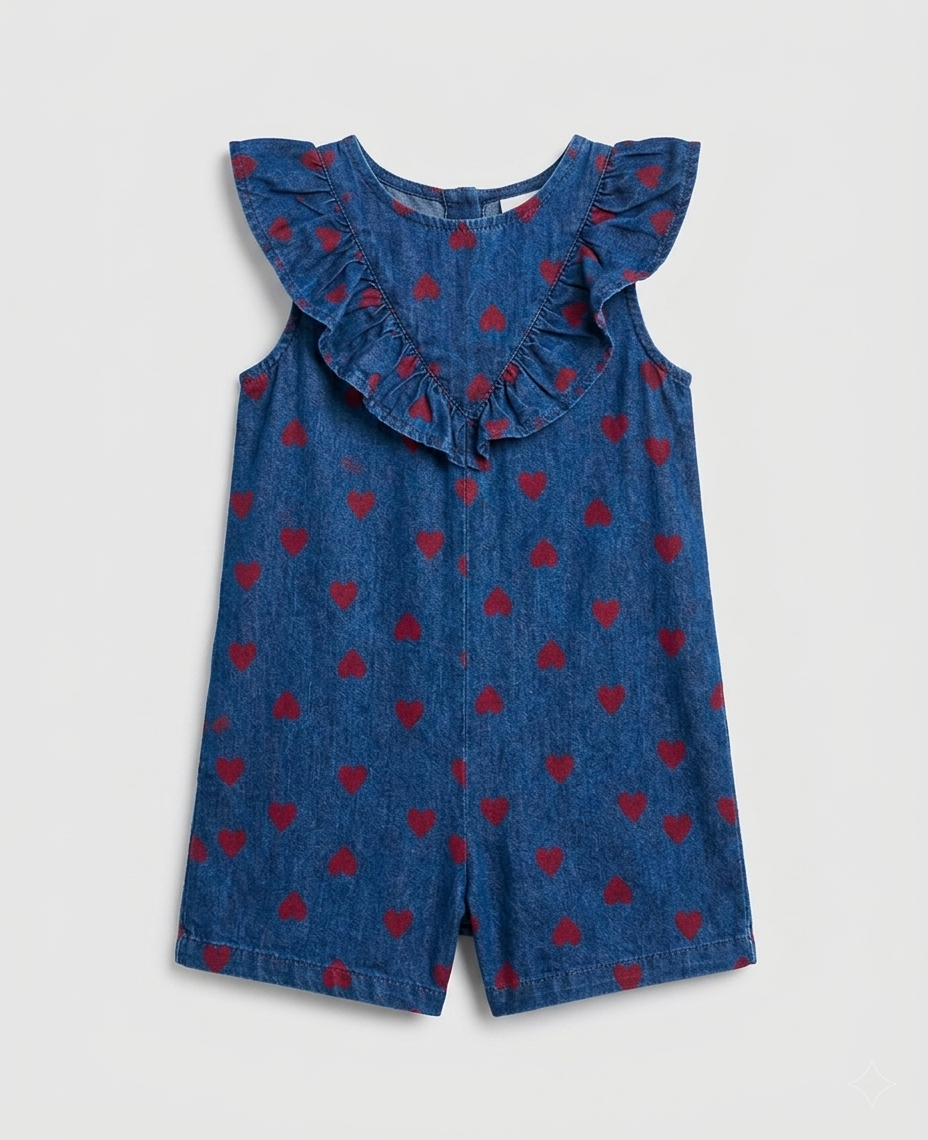 Heart-Print Denim Ruffle Playsuit