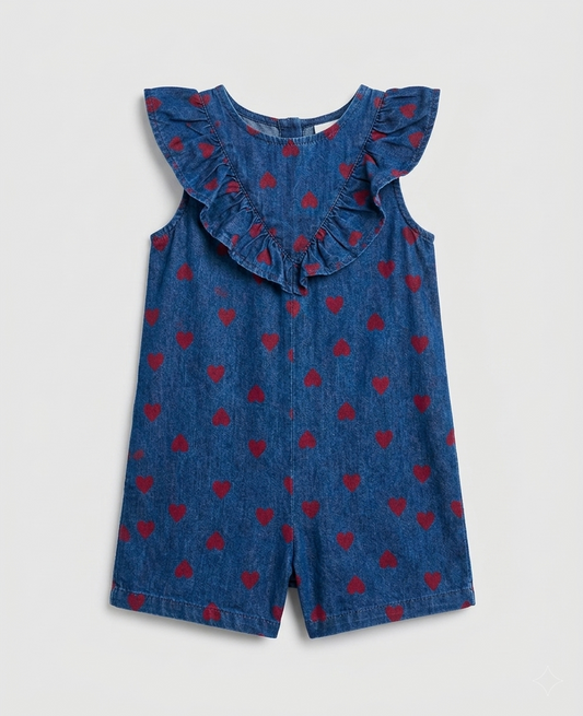 Heart-Print Denim Ruffle Romper