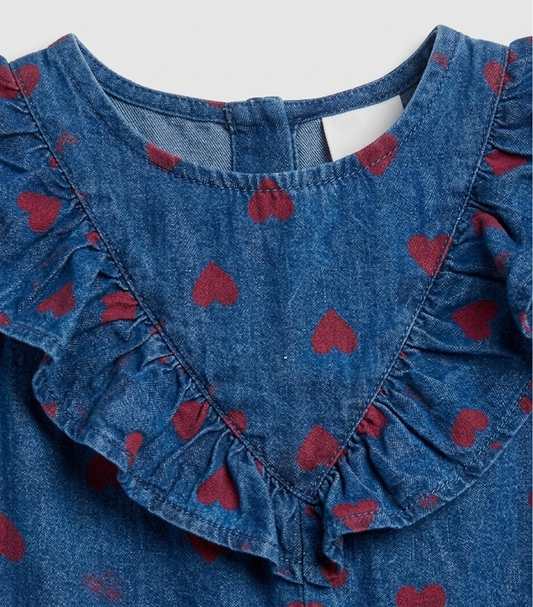 Heart-Print Denim Ruffle Romper