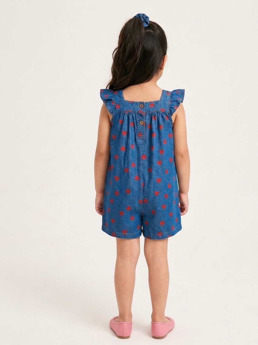 Heart-Print Denim Ruffle Romper