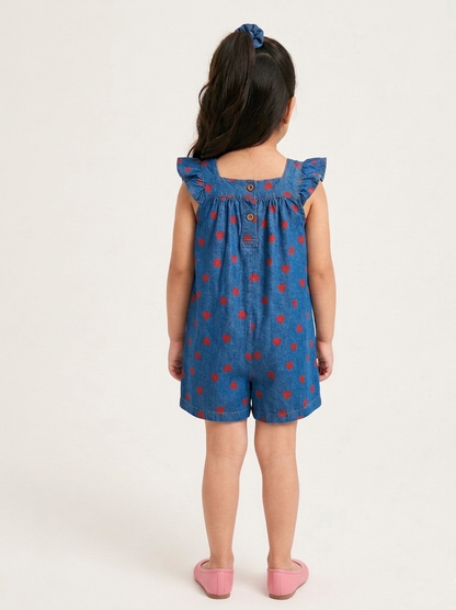 Heart-Print Denim Ruffle Romper