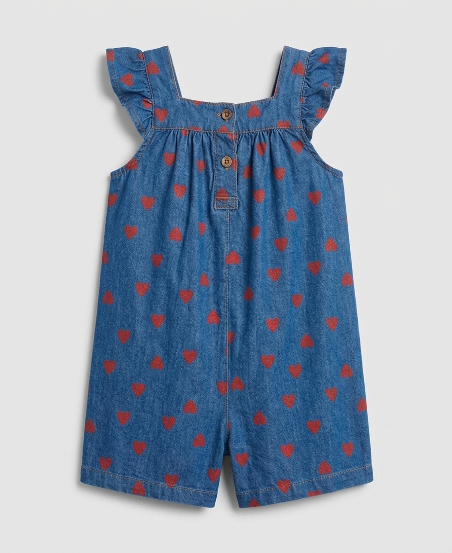 Heart-Print Denim Ruffle Romper