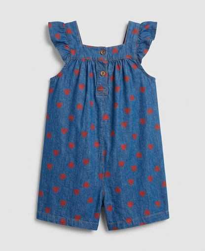 Heart-Print Denim Ruffle Romper