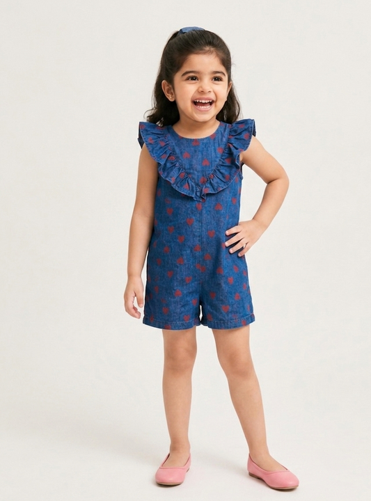 Heart-Print Denim Ruffle Romper