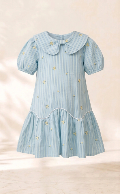 Sky-Blue Striped Peter Pan Cotton Dress
