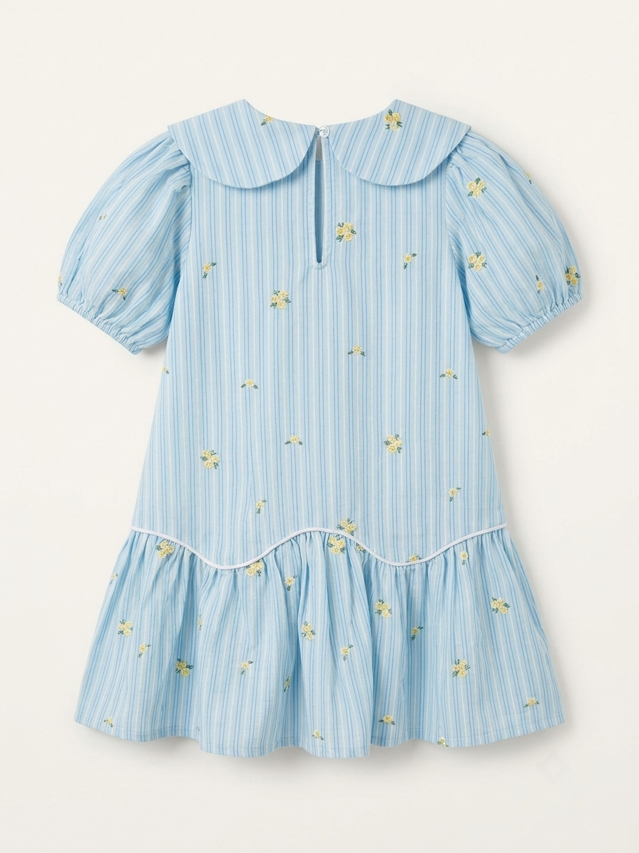 Sky-Blue Striped Peter Pan Cotton Dress