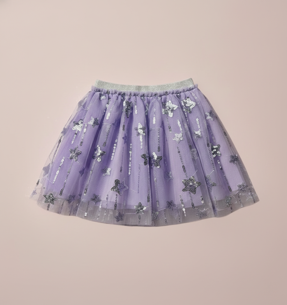 Girls' Premium Violet Tulle Star Tutu – Sequined Celestial Party Skirt with Silver Shimmer Waistband - Serromi