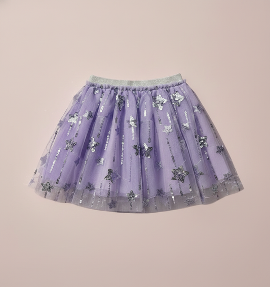Girls' Premium Violet Tulle Star Tutu – Sequined Celestial Party Skirt with Silver Shimmer Waistband - Serromi
