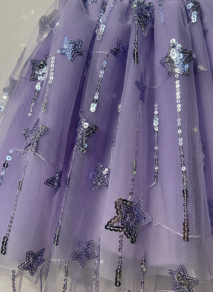 Girls' Premium Violet Tulle Star Tutu – Sequined Celestial Party Skirt with Silver Shimmer Waistband - Serromi