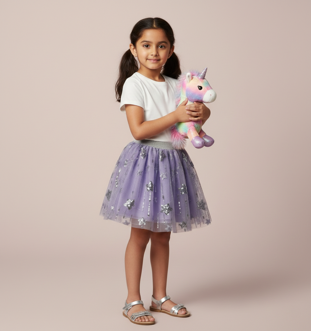 Girls' Premium Violet Tulle Star Tutu – Sequined Celestial Party Skirt with Silver Shimmer Waistband - Serromi