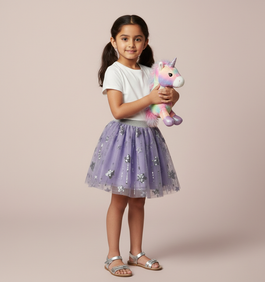 Girls' Premium Violet Tulle Star Tutu – Sequined Celestial Party Skirt with Silver Shimmer Waistband - Serromi