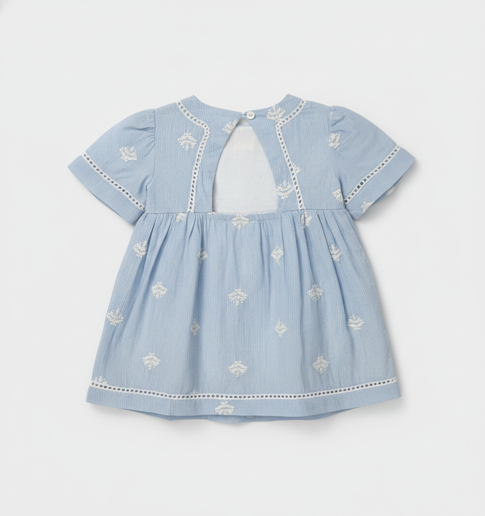 Baby Girls' Sky Blue Embroidered Eyelet Dress – Premium Cotton Seersucker Party Dress - Serromi