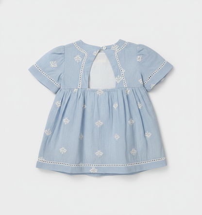 Baby Girls' Sky Blue Embroidered Eyelet Dress – Premium Cotton Seersucker Party Dress - Serromi
