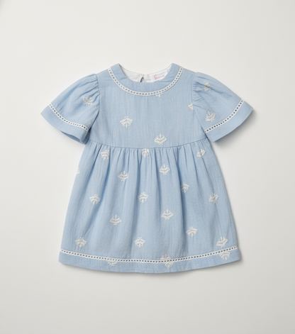 Baby Girls' Sky Blue Embroidered Eyelet Dress – Premium Cotton Seersucker Party Dress - Serromi