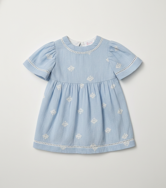 Baby Girls' Sky Blue Embroidered Eyelet Dress – Premium Cotton Seersucker Party Dress - Serromi