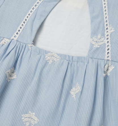Baby Girls' Sky Blue Embroidered Eyelet Dress – Premium Cotton Seersucker Party Dress - Serromi