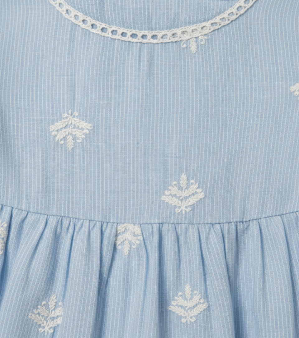 Baby Girls' Sky Blue Embroidered Eyelet Dress – Premium Cotton Seersucker Party Dress - Serromi