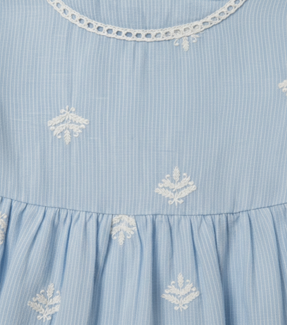 Baby Girls' Sky Blue Embroidered Eyelet Dress – Premium Cotton Seersucker Party Dress - Serromi
