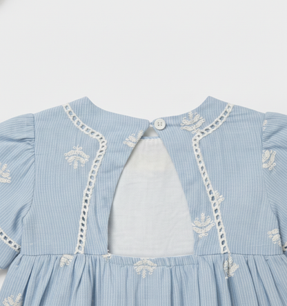 Baby Girls' Sky Blue Embroidered Eyelet Dress – Premium Cotton Seersucker Party Dress - Serromi