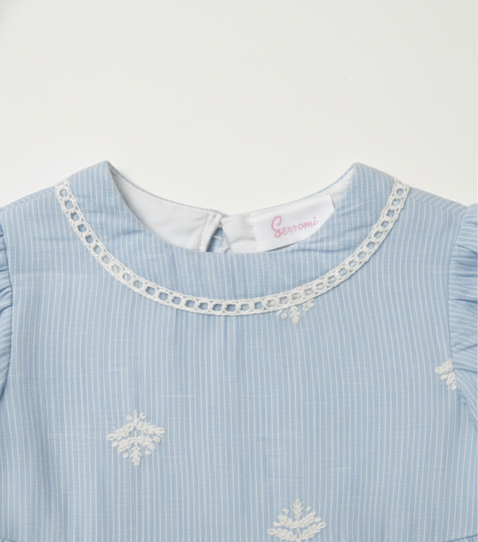 Baby Girls' Sky Blue Embroidered Eyelet Dress – Premium Cotton Seersucker Party Dress - Serromi
