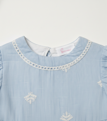 Baby Girls' Sky Blue Embroidered Eyelet Dress – Premium Cotton Seersucker Party Dress - Serromi