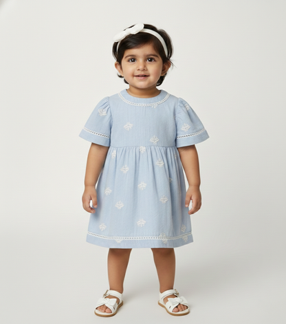 Baby Girls' Sky Blue Embroidered Eyelet Dress – Premium Cotton Seersucker Party Dress - Serromi